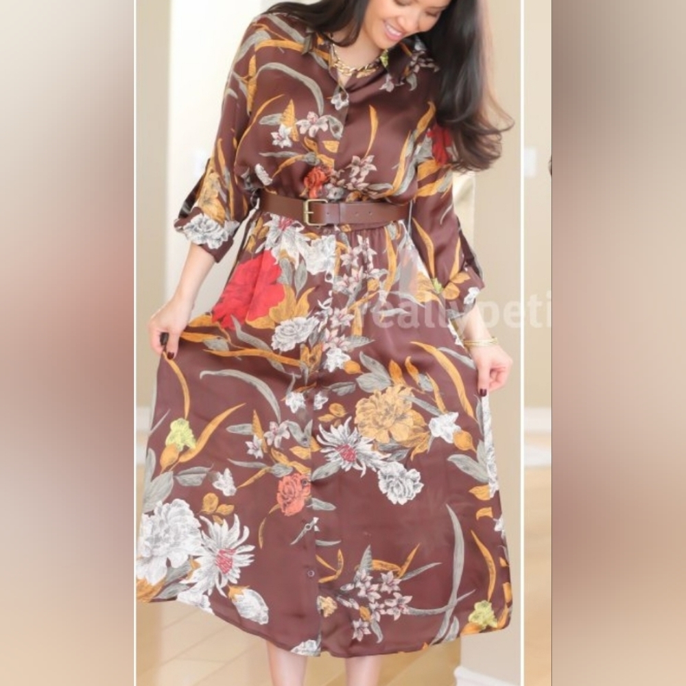 Brown Floral Button Up Maxi Dress